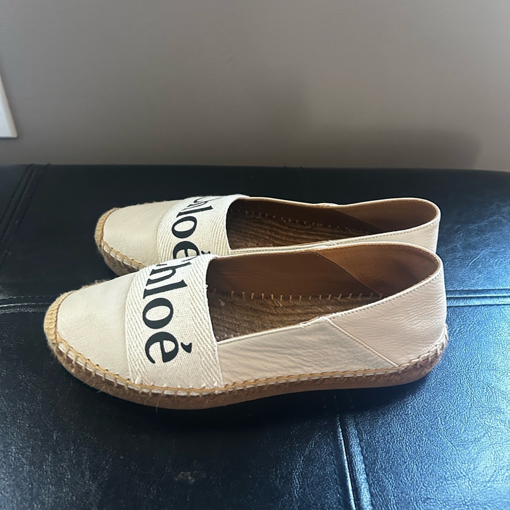 Chloé Cream Leather Espadrille Flats with Logo Canvas Strap